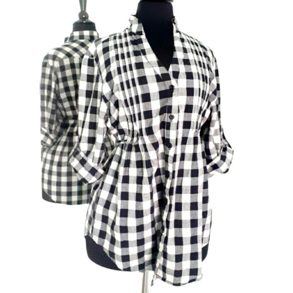 Coupe Collection Black White Plaid Tie Waist Rolltab Sleeves Cotton Shirt M